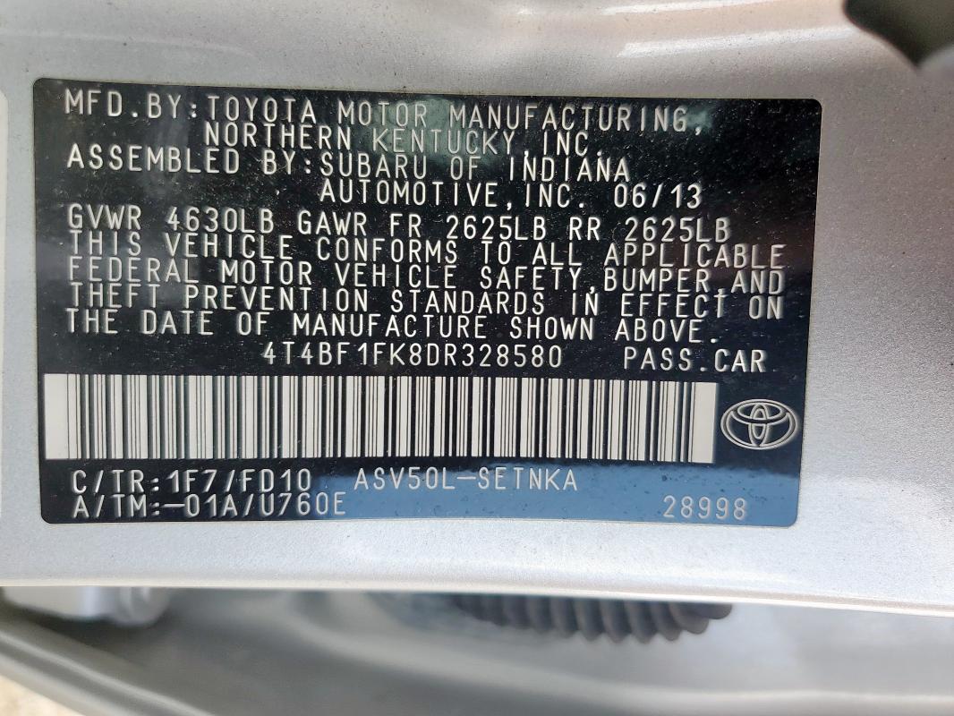 4T4BF1FK8DR328580 - 2013 TOYOTA CAMRY L SILVER photo 12