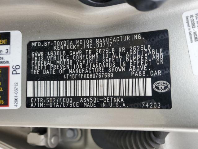 4T1BF1FK0HU767689 - 2017 TOYOTA CAMRY LE Արծաթագույն լուսանկար 12