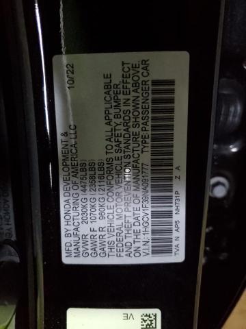 1HGCV1F39NA091777 - 2022 HONDA ACCORD SPORT Czarny zdjęcie 13