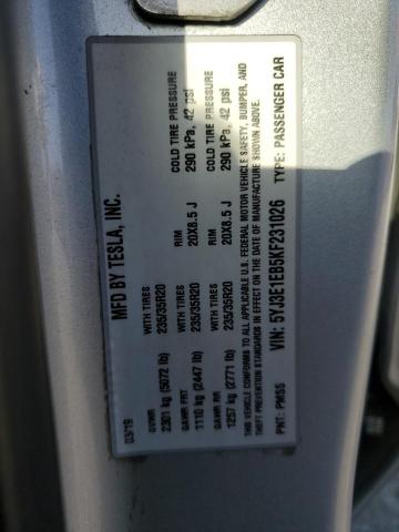 5YJ3E1EB5KF231026 - 2019 TESLA MODEL 3 Күміс фото 12