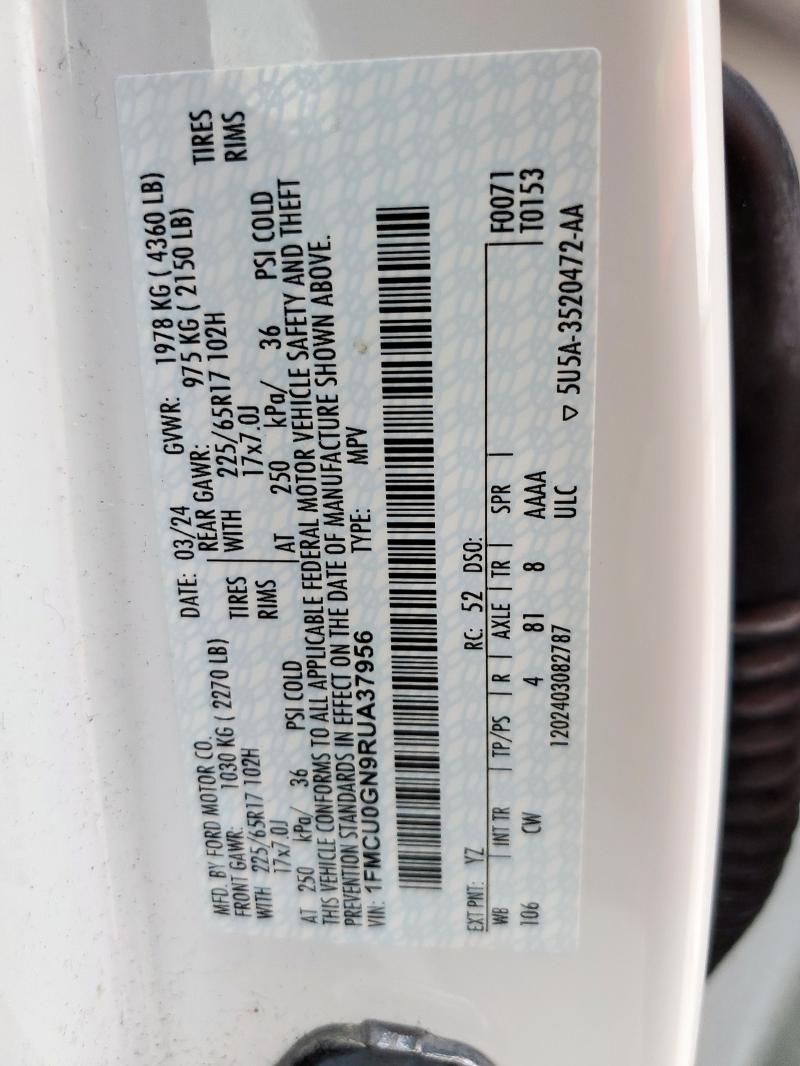 1FMCU0GN9RUA37956 - 2024 FORD ESCAPE ACTIVE თეთრი ფოტო 13