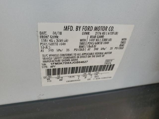 1FM5K7D8XJGB64627 - 2018 FORD EXPLORER XLT თეთრი ფოტო 13