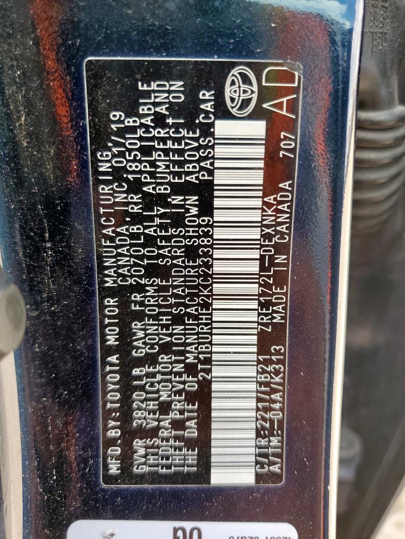 2T1BURHE2KC233839 - 2019 TOYOTA COROLLA L Mavi foto 12