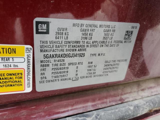 5GAKRAKD6GJ341929 - 2016 BUICK ENCLAVE RED photo 13