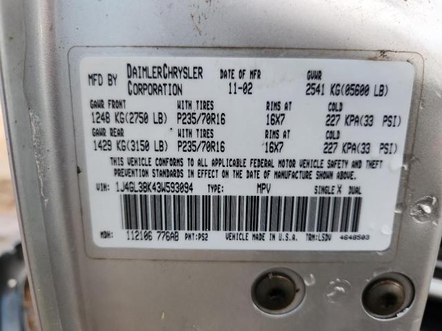 1J4GL38K43W593094 - 2003 JEEP LIBERTY RENEGADE SILVER photo 14