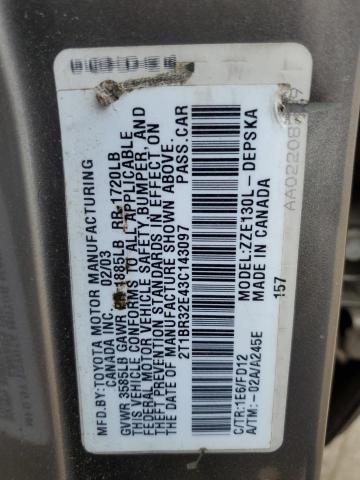2T1BR32E43C143097 - 2003 TOYOTA COROLLA CE GRAY photo 12
