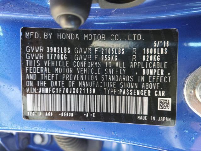JHMFC1F70JX021160 - 2018 HONDA CIVIC EXL ლურჯი ფოტო 13