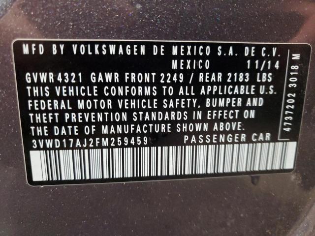 3VWD17AJ2FM259459 - 2015 VOLKSWAGEN JETTA SE GRAY photo 12