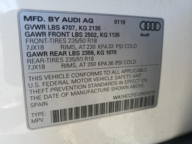 WA1HCCFS7JR025215 - 2018 AUDI Q3 PREMIUM PLUS Biały zdjęcie 12