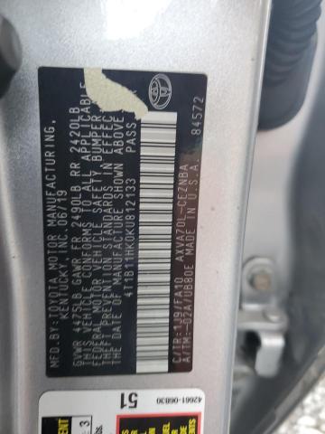 4T1B11HK0KU812133 - 2019 TOYOTA CAMRY L SILVER photo 12