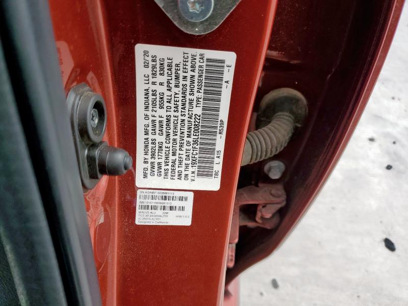 19XFC1F36LE008222 - 2020 HONDA CIVIC EX BURGUNDY photo 13