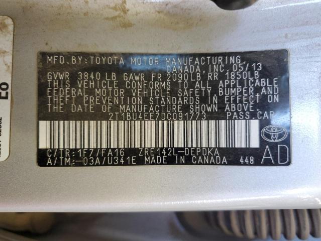 2T1BU4EE7DC091773 - 2013 TOYOTA COROLLA BASE SILVER photo 12