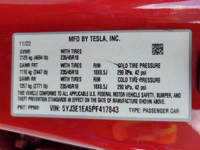 5YJ3E1EA5PF417843 - 2023 TESLA MODEL 3 Rot Foto 12