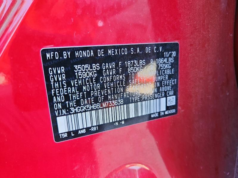 3HGGK5H66LM733638 - 2020 HONDA FIT SPORT RED photo 12