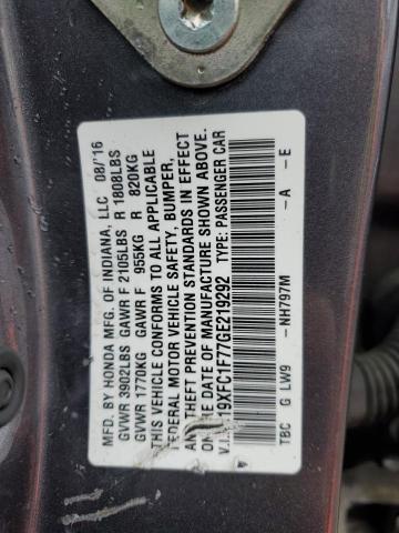 19XFC1F77GE219292 - 2016 HONDA CIVIC EXL ნაცრისფერი ფოტო 12