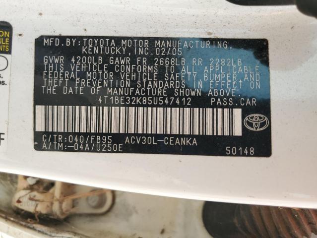 4T1BE32K85U547412 - 2005 TOYOTA CAMRY LE Սպիտակ լուսանկար 12