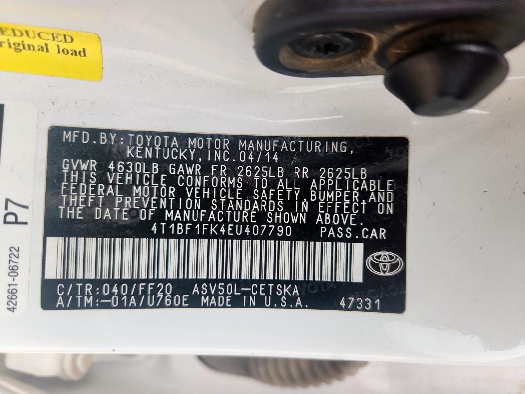 4T1BF1FK4EU407790 - 2014 TOYOTA CAMRY L WHITE photo 12