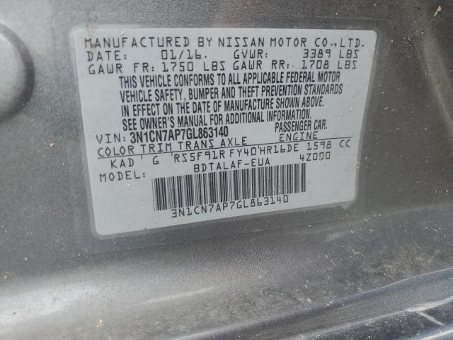 3N1CN7AP7GL863140 - 2016 NISSAN VERSA S SILVER photo 12