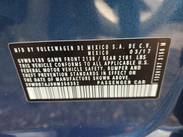 3VWDB7AJ9HM356352 - 2017 VOLKSWAGEN JETTA SE BLUE photo 12