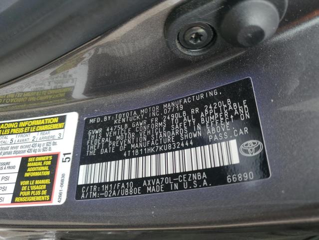 4T1B11HK7KU832444 - 2019 TOYOTA CAMRY L Сұр фото 12