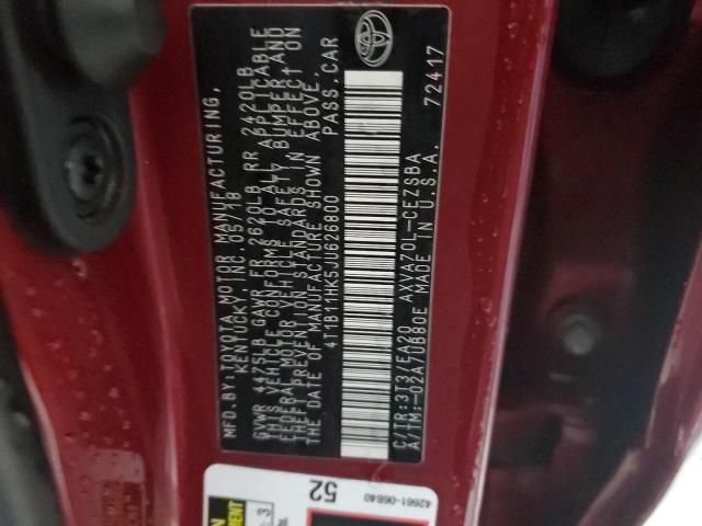 4T1B11HK5JU626800 - 2018 TOYOTA CAMRY L წითელი ფოტო 12