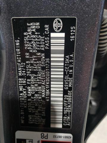 4T1BK1FK0CU011736 - 2012 TOYOTA CAMRY SE Grafit foto 12