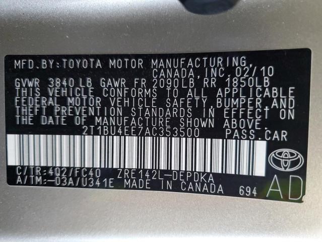 2T1BU4EE7AC353500 - 2010 TOYOTA COROLLA BASE 金色 照片 12