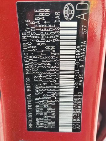 2T1BURHEXGC663240 - 2016 TOYOTA COROLLA L RED photo 12