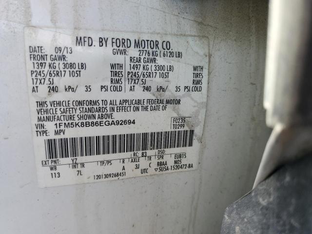 1FM5K8B86EGA92694 - 2014 FORD EXPLORER WHITE photo 13