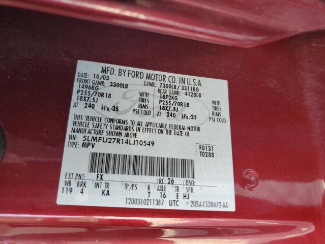 5LMFU27R14LJ10549 - 2004 LINCOLN NAVIGATOR 红色 照片 13