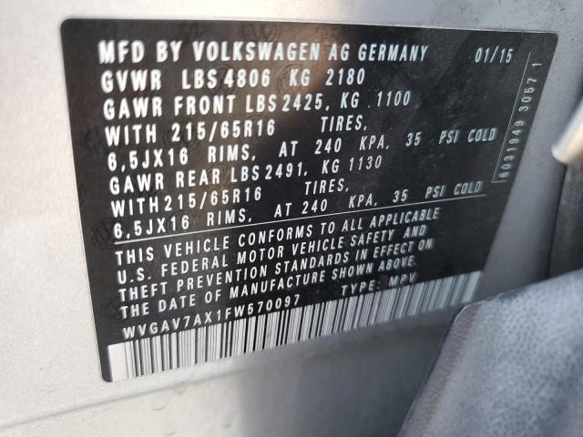 WVGAV7AX1FW570097 - 2015 VOLKSWAGEN TIGUAN S 银色 照片 14