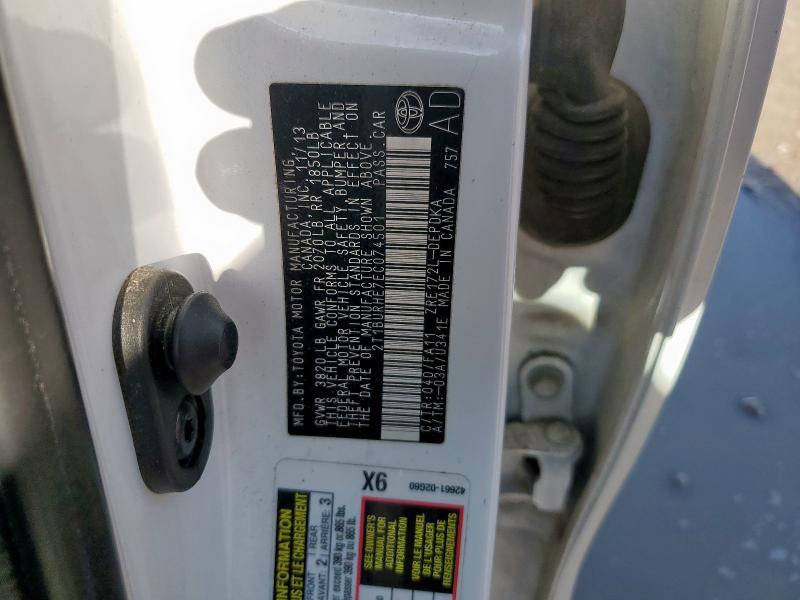 2T1BURHE7EC074501 - 2014 TOYOTA COROLLA L WHITE photo 12