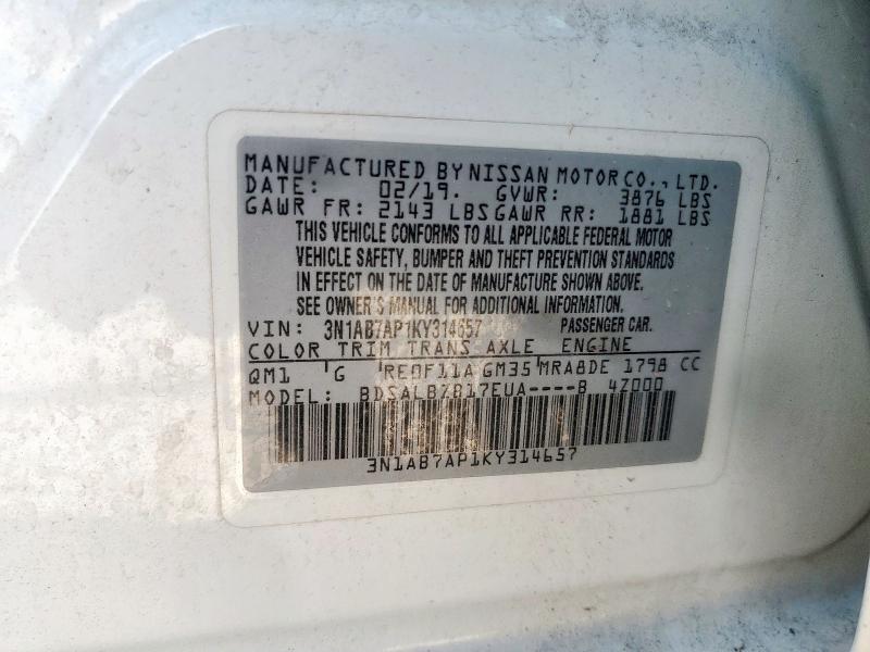 3N1AB7AP1KY314657 - 2019 NISSAN SENTRA S თეთრი ფოტო 12