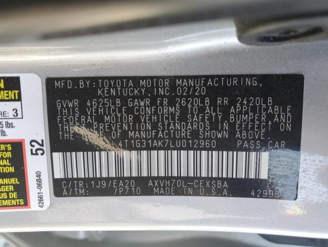 4T1G31AK7LU012960 - 2020 TOYOTA CAMRY SE SILVER photo 12