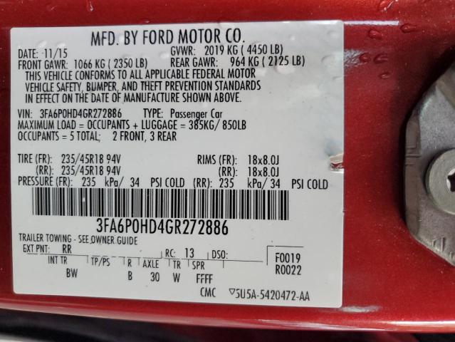 3FA6P0HD4GR272886 - 2016 FORD FUSION SE 红色 照片 13