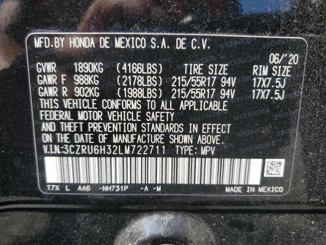 3CZRU6H32LM722711 - 2020 HONDA HR-V LX BLACK photo 13