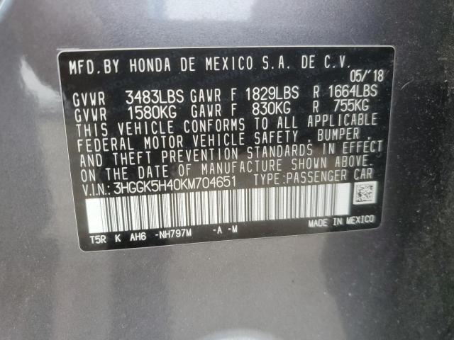 3HGGK5H40KM704651 - 2019 HONDA FIT LX رمادي صورة 12