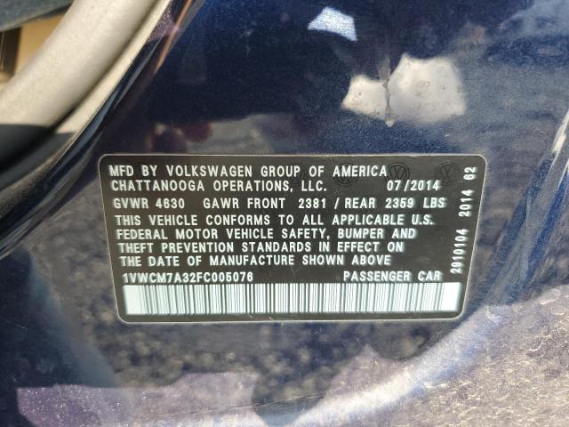 1VWCM7A32FC005076 - 2015 VOLKSWAGEN PASSAT SEL BLUE photo 13