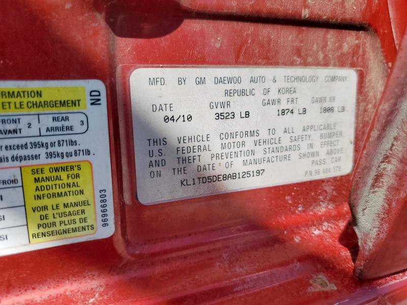 KL1TD5DE8AB125197 - 2010 CHEVROLET AVEO LS Կարմիր լուսանկար 12