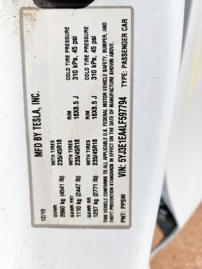 5YJ3E1EA4LF597794 - 2020 TESLA MODEL 3 Ağ foto 13