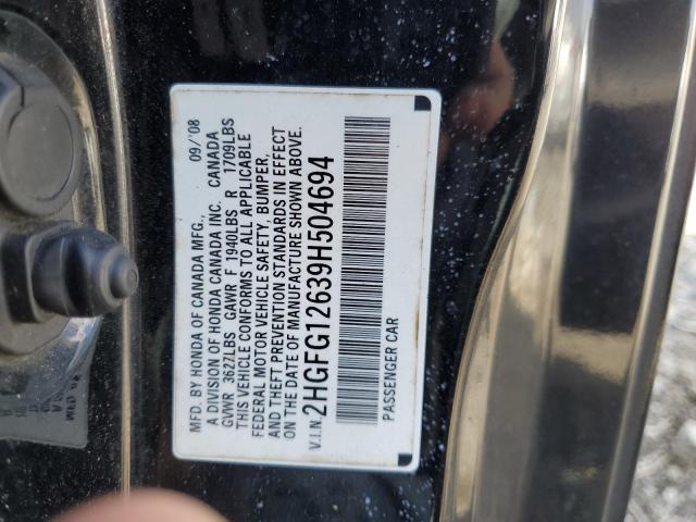 2HGFG12639H504694 - 2009 HONDA CIVIC LX BLACK photo 12