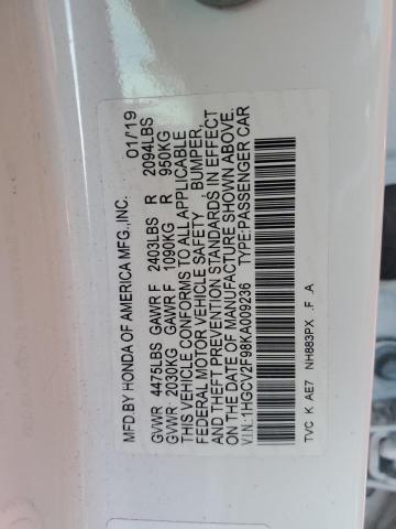 1HGCV2F98KA009236 - 2019 HONDA ACCORD TOURING WHITE photo 12