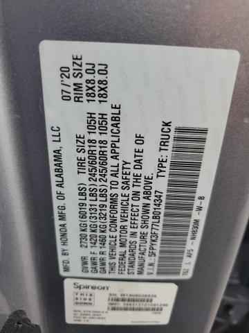 5FPYK3F77LB014347 - 2020 HONDA RIDGELINE RTL SILVER photo 12