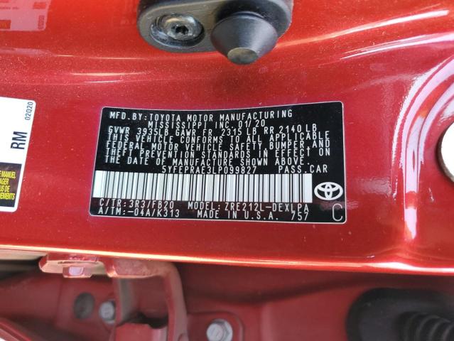 5YFEPRAE3LP099827 - 2020 TOYOTA COROLLA LE Rojo foto 13