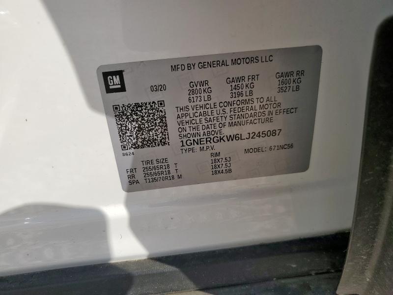 1GNERGKW6LJ245087 - 2020 CHEVROLET TRAVERSE LT أبيض صورة 13