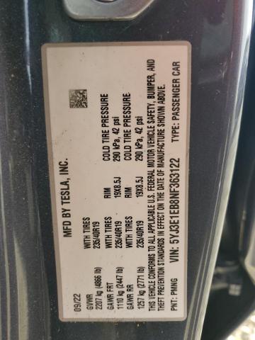 5YJ3E1EB8NF363122 - 2022 TESLA MODEL 3 Սև լուսանկար 12