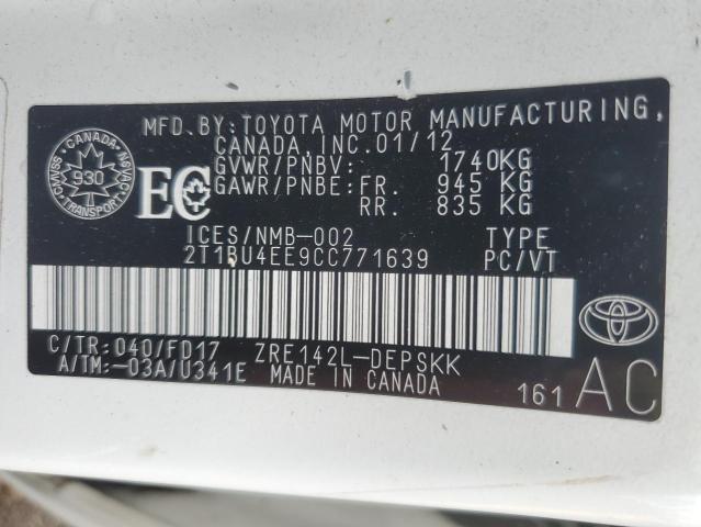 2T1BU4EE9CC771639 - 2012 TOYOTA COROLLA BASE Белый фото 13