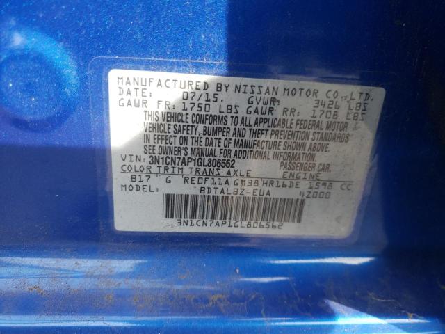 3N1CN7AP1GL806562 - 2016 NISSAN VERSA S BLUE photo 13