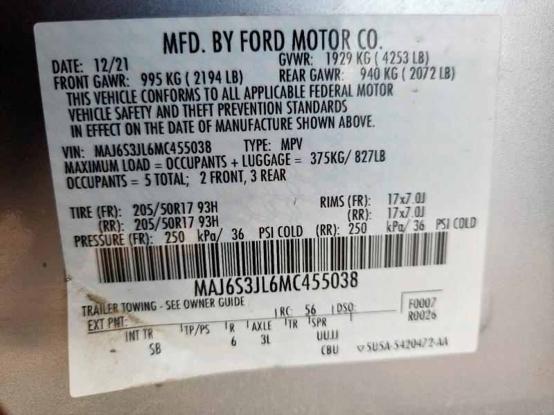 MAJ6S3JL6MC455038 - 2021 FORD ECOSPORT SES فضي صورة 13