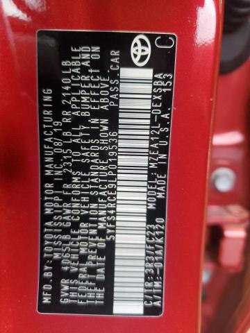 5YFS4RCE9LP019536 - 2020 TOYOTA COROLLA SE أحمر صورة 12